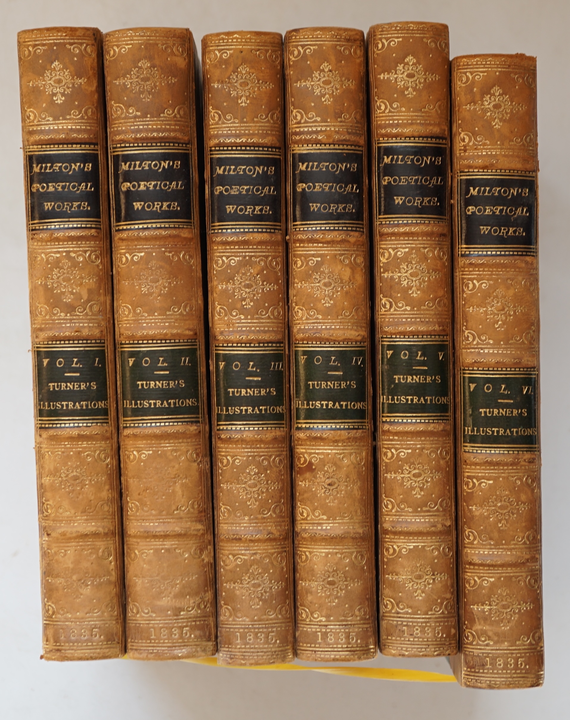 Milton, John - The Poetical Works, 6 vols, edited by Sir Egerton Brydges, 8vo, original half calf gilt, with marbled boards, engraved frontispiece and title to each volume, John Macrone, London, 1835